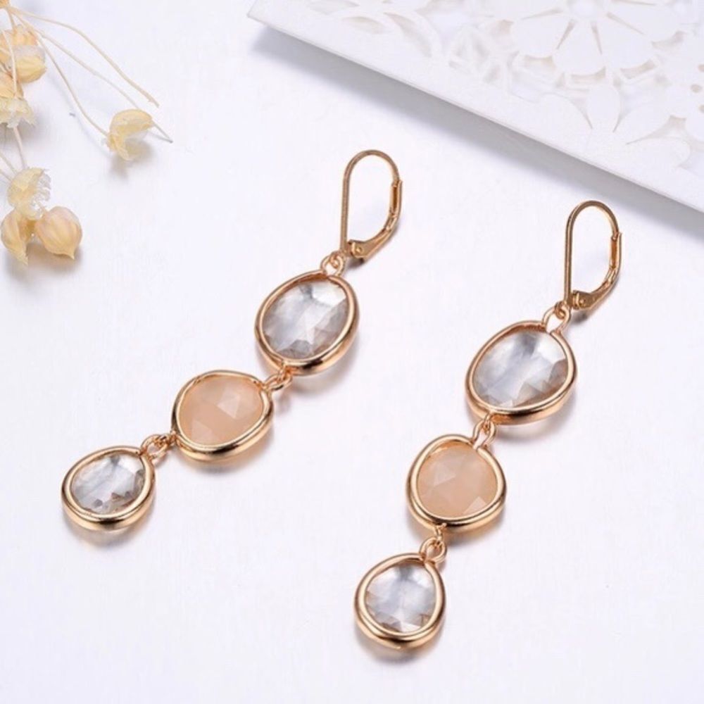 3 Crystal Dangle Drop Earrings Gray Blush